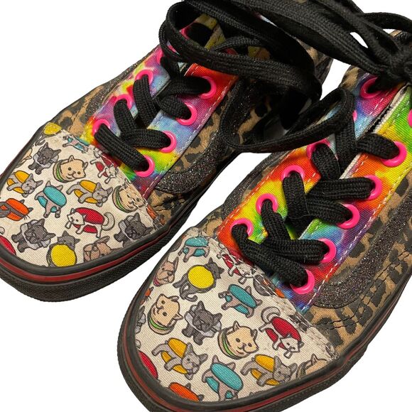 Vans Lace up Custom Leopard Sparkle Kitty Womens sz 5 Sneakers Shoes - Picture 1 of 12
